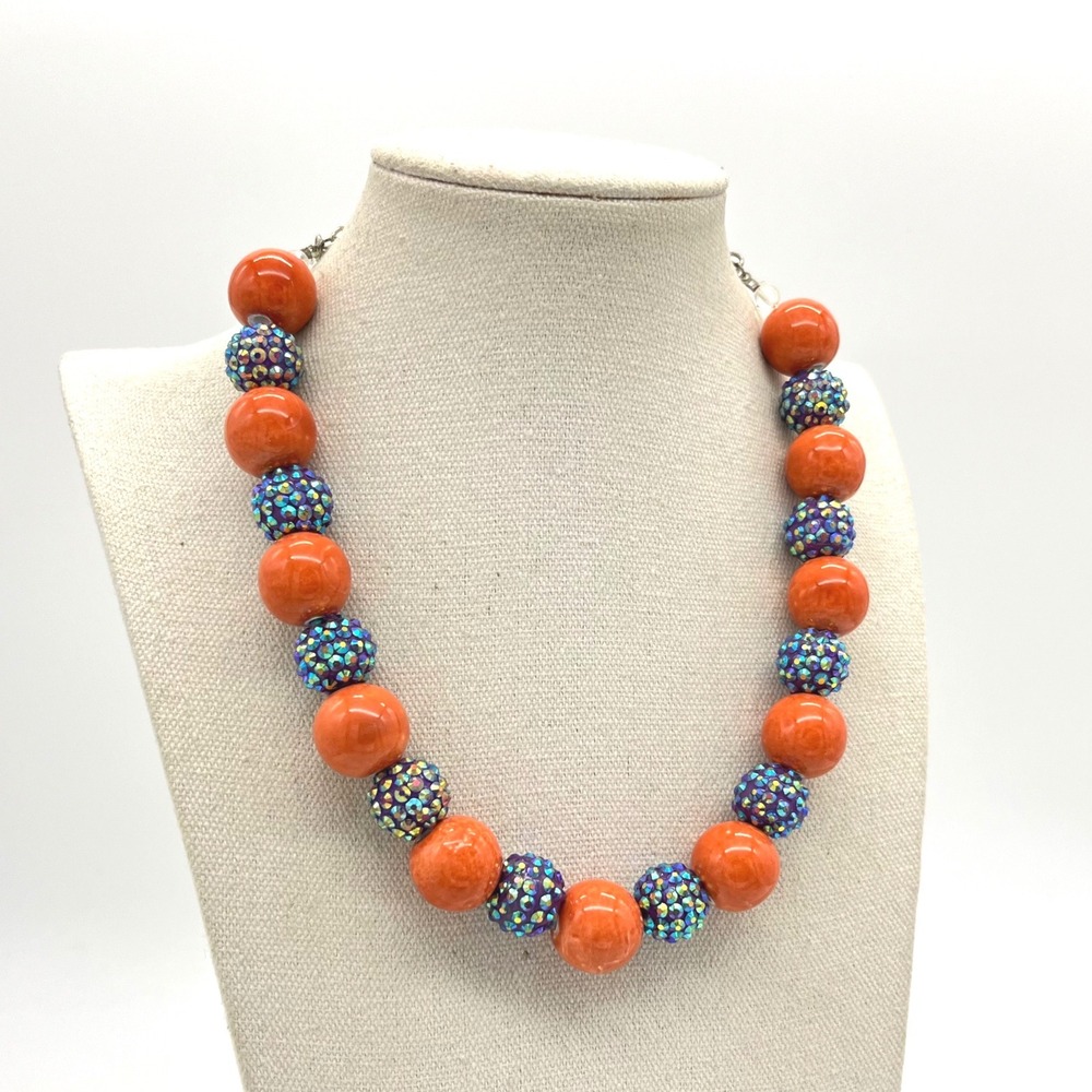 Orange Chunky Bead Necklace Iridescent Blue Pavé Rhinestone Statement 18.5"